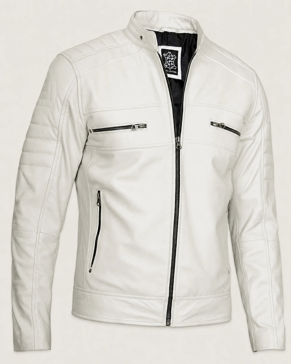 Luxury Men’s Off White Biker Leather Jacket with Mandarin Collar