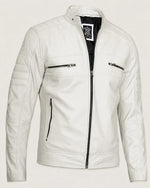 Luxury Men’s Off White Biker Leather Jacket with Mandarin Collar