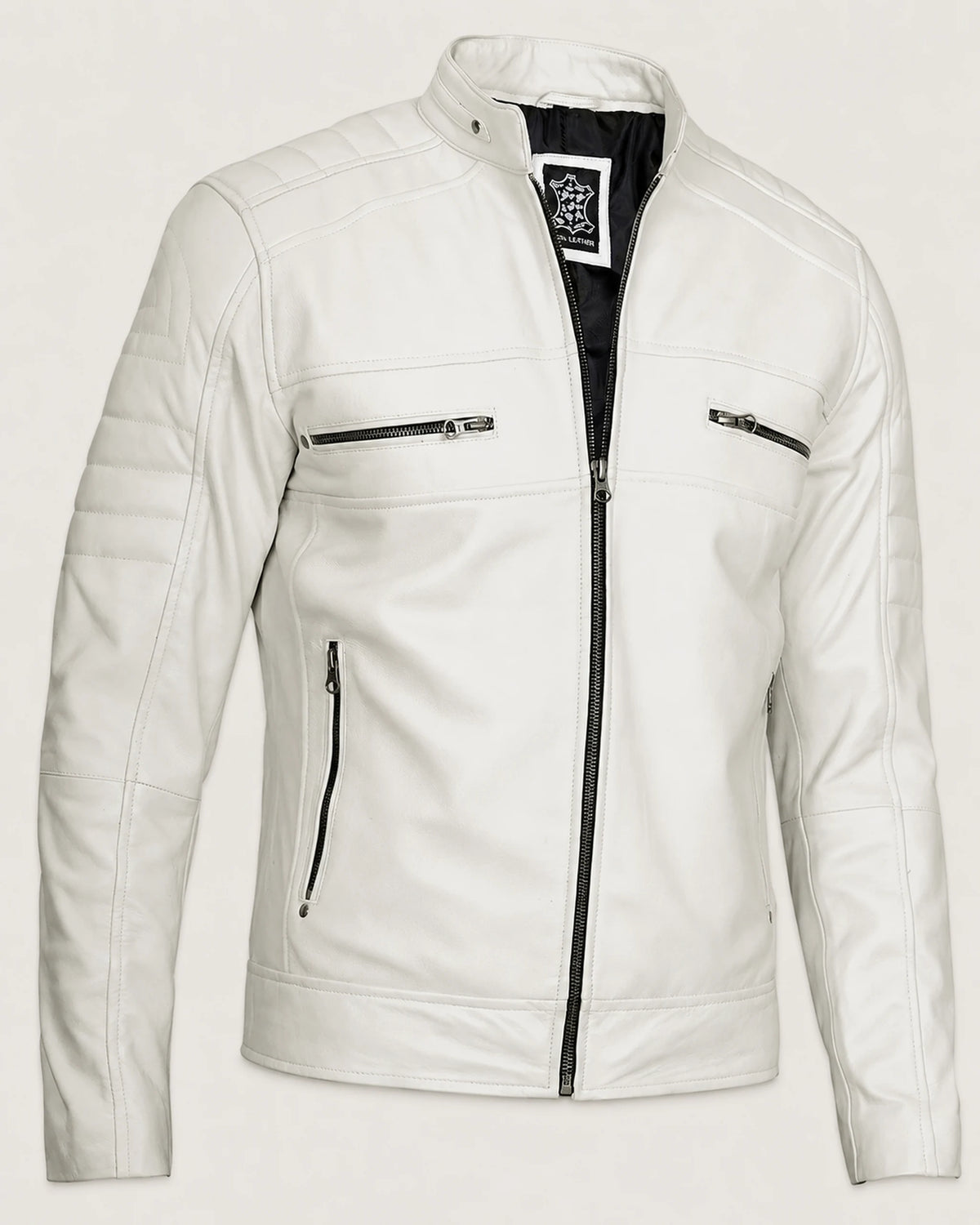 Luxury Men’s Off White Biker Leather Jacket with Mandarin Collar