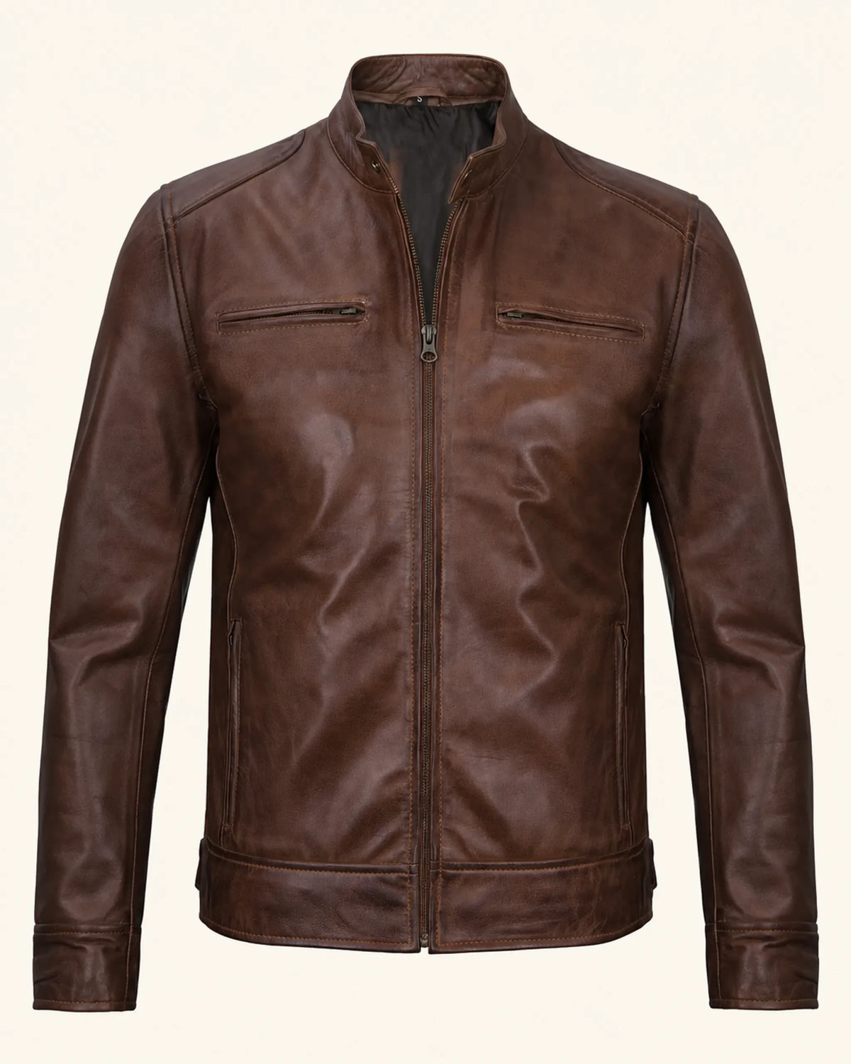 Heritage Men's Cognac Waxed Biker-Style Leather Jacket