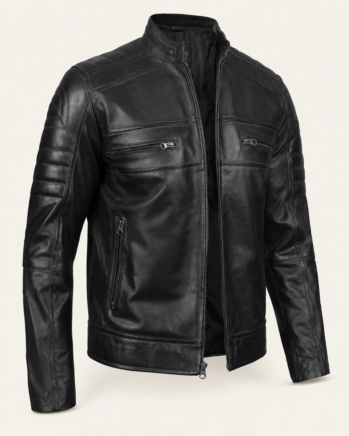 Modern Men's Black Real Leather Biker-Style Jacket with Stand-Up Collar
