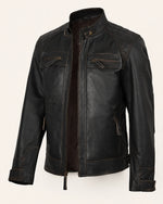 Premium Men's Dark Brown Biker Leather Jacket with Quilted Shoulders