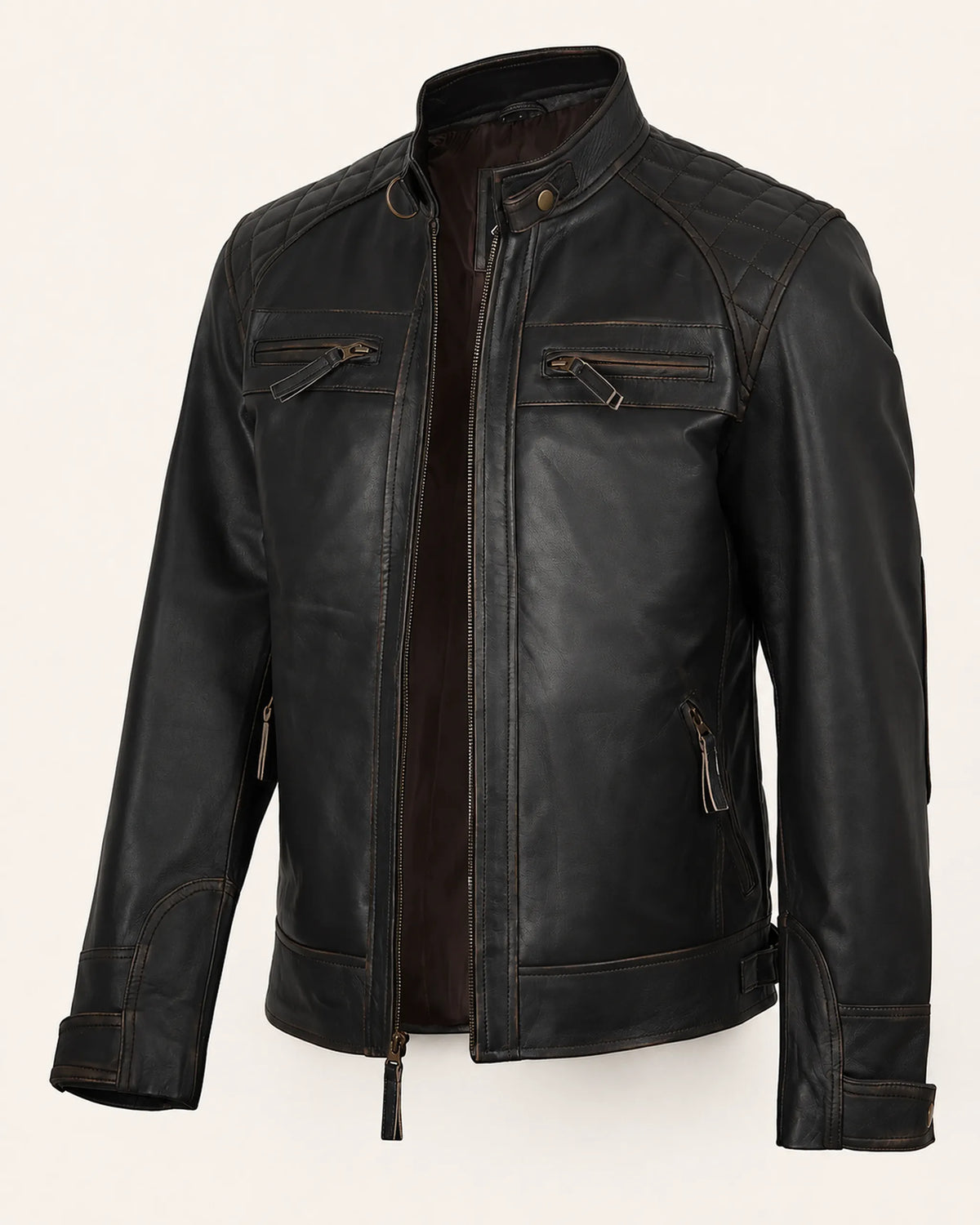 Premium Men's Dark Brown Biker Leather Jacket with Quilted Shoulders