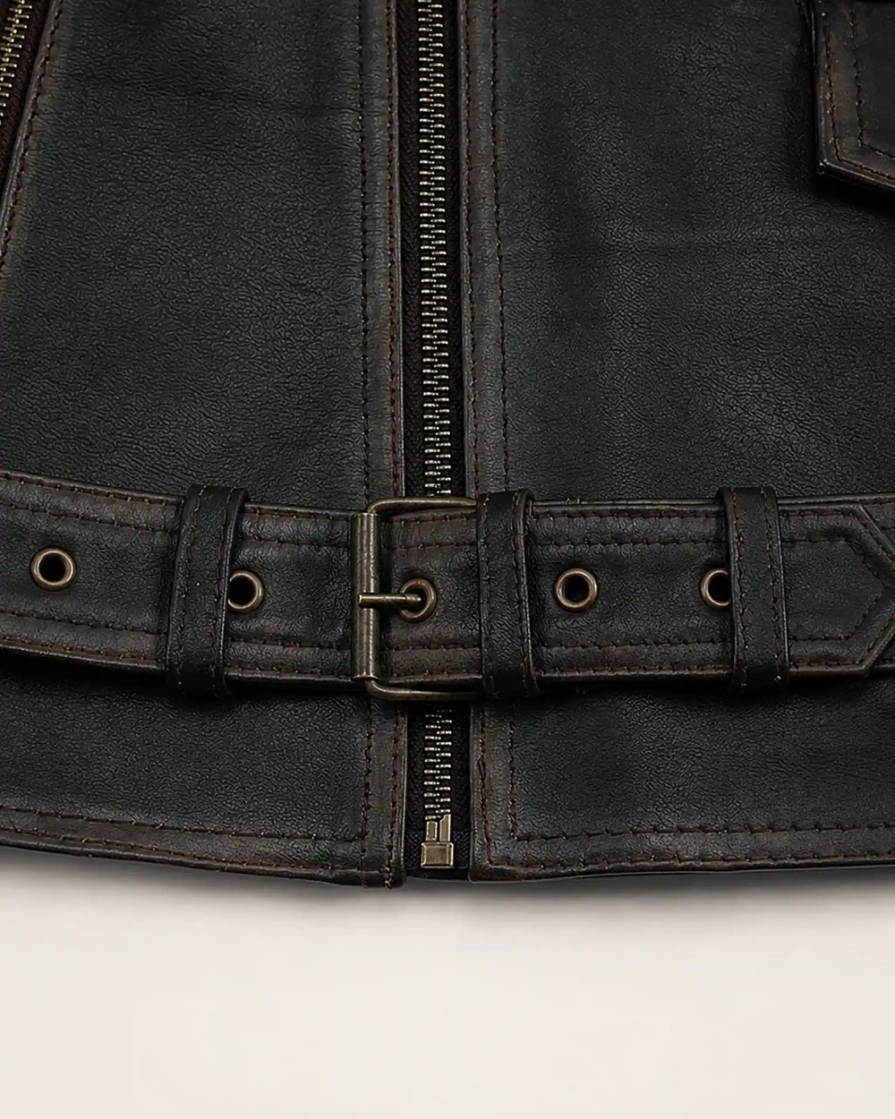 Classic Men's Distressed Dark Brown Leather Biker Jacket with Belt