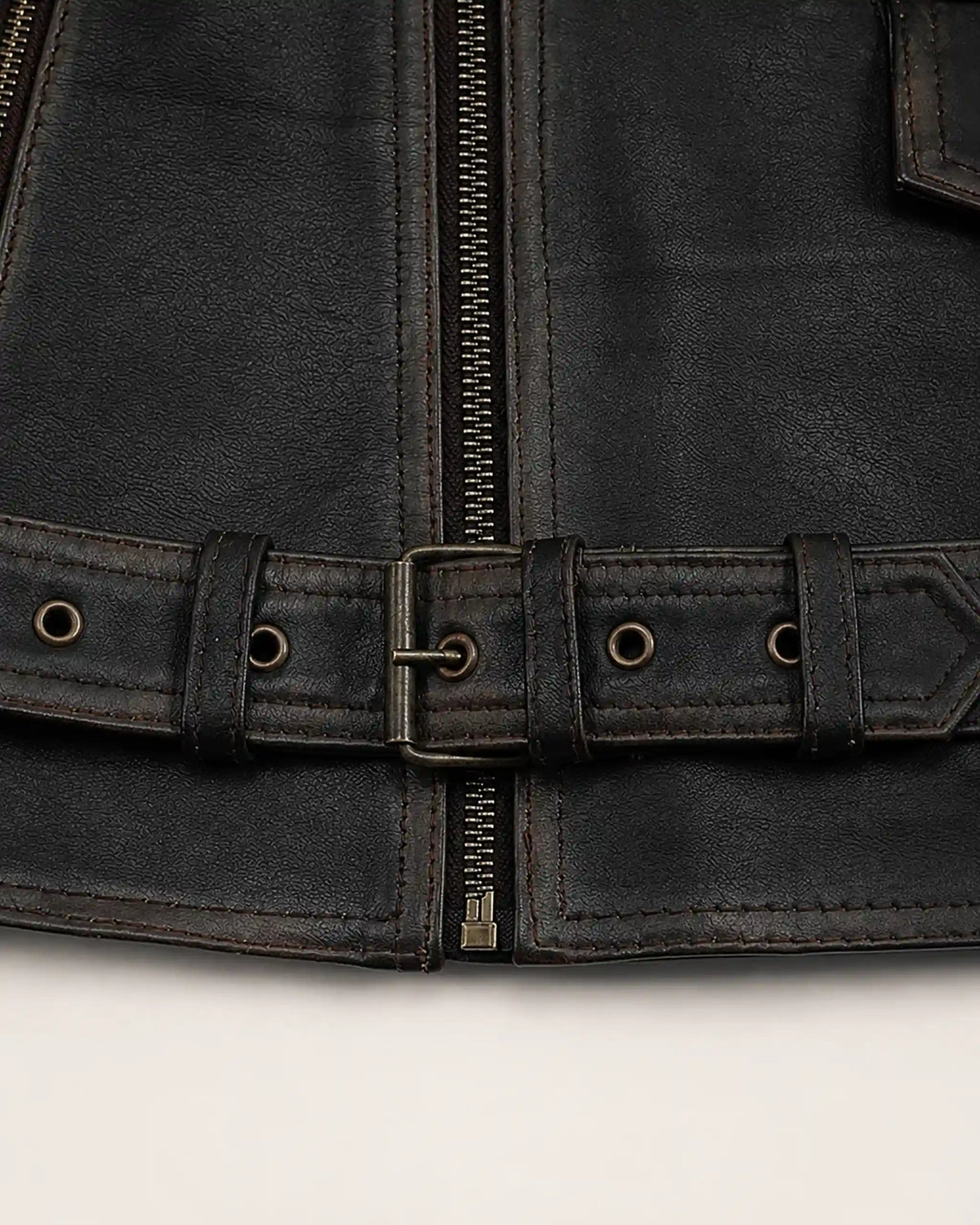 Classic Men's Distressed Dark Brown Leather Biker Jacket with Belt