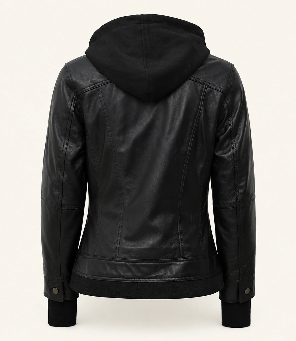 Women's Black Hooded Leather Jacket — Removable Hood