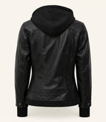 Women's Black Hooded Leather Jacket — Removable Hood