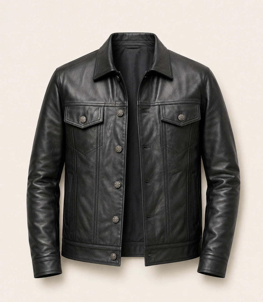 Men’s Black Leather Trucker Jacket with Shirt Collar