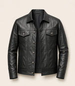 Men’s Black Leather Trucker Jacket with Shirt Collar
