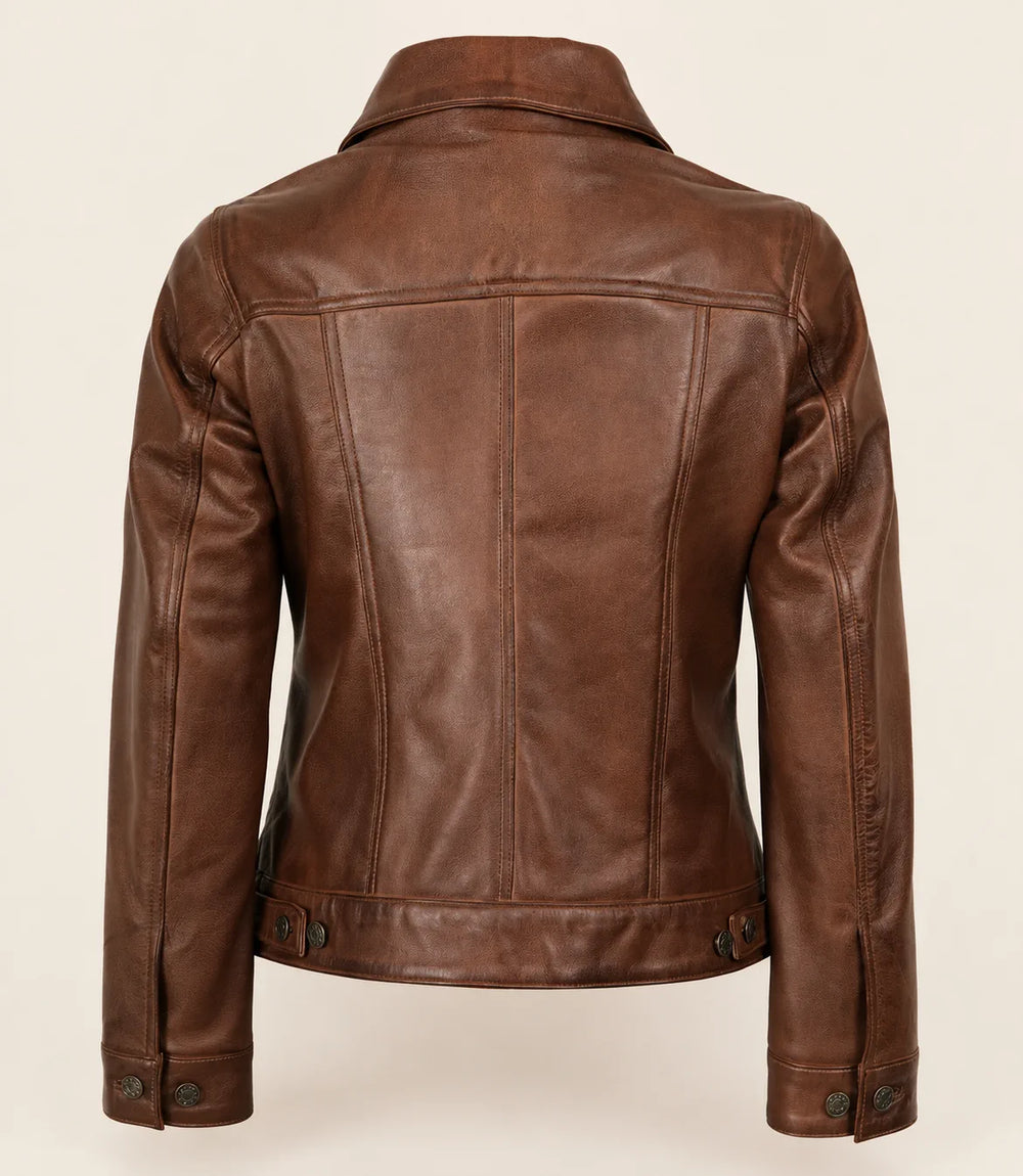 Women's Cognac Brown Trucker Leather Jacket