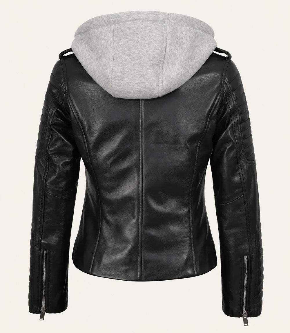 Women's Black Biker Real Leather Jacket — Removable Hood