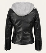 Women's Black Biker Real Leather Jacket — Removable Hood