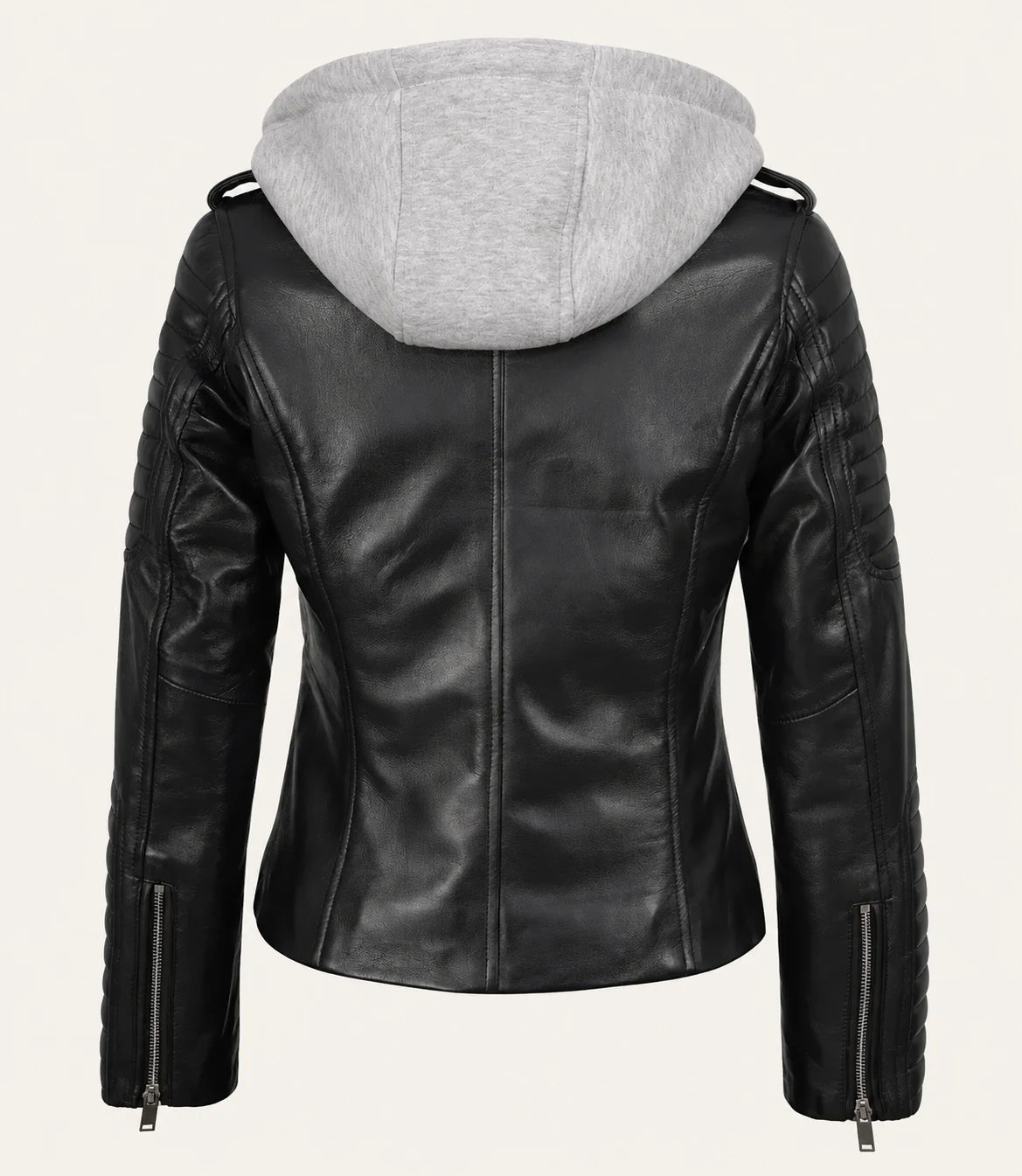 Women's Black Biker Real Leather Jacket — Removable Hood