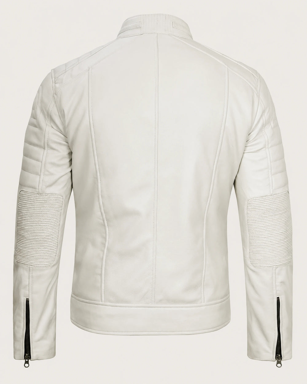 Luxury Men’s Off White Biker Leather Jacket with Mandarin Collar