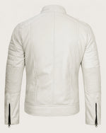 Luxury Men’s Off White Biker Leather Jacket with Mandarin Collar