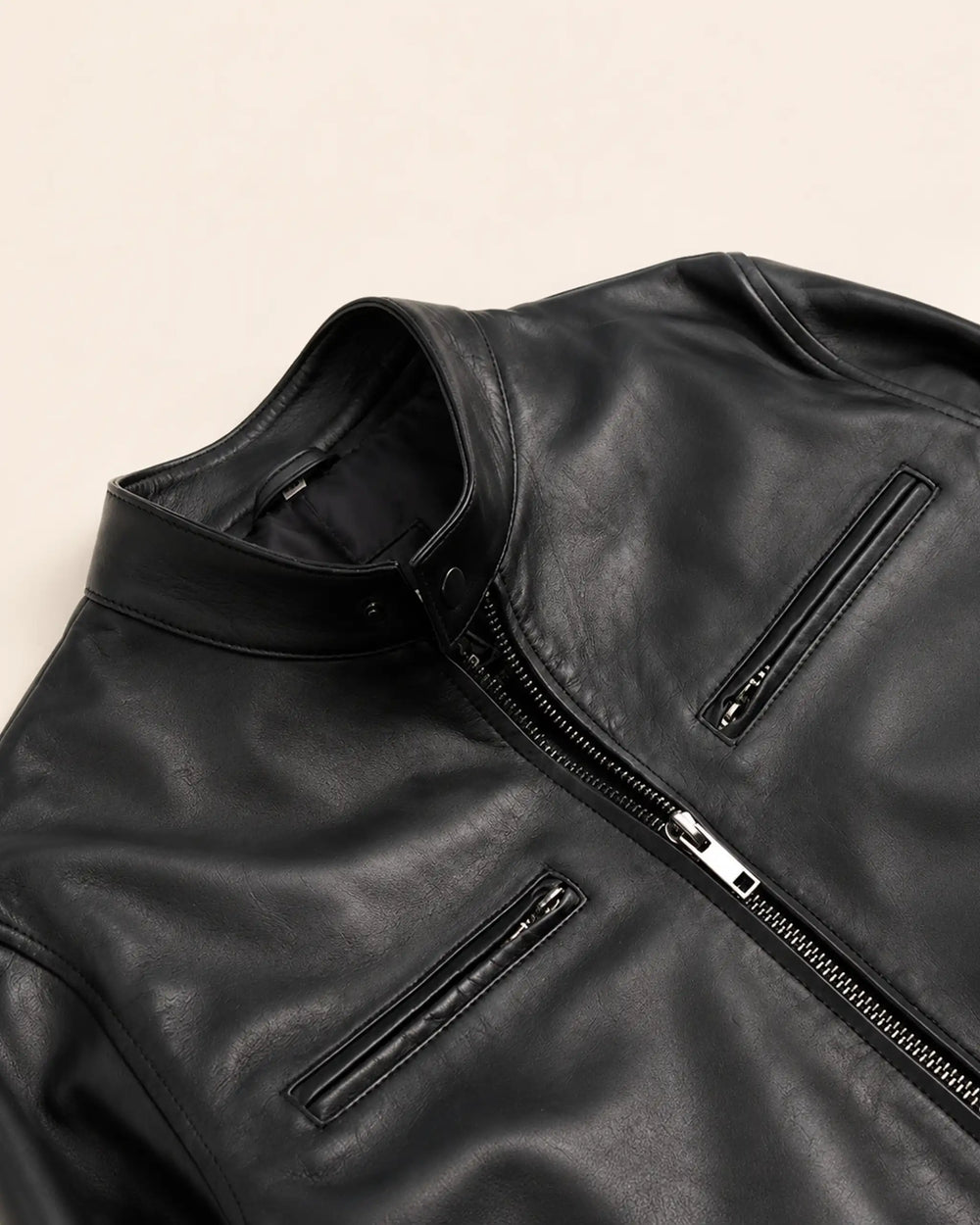 Modern Men's Black Biker Style Leather Jacket with Mandarin Collar