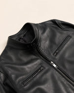 Modern Men's Black Biker Style Leather Jacket with Mandarin Collar