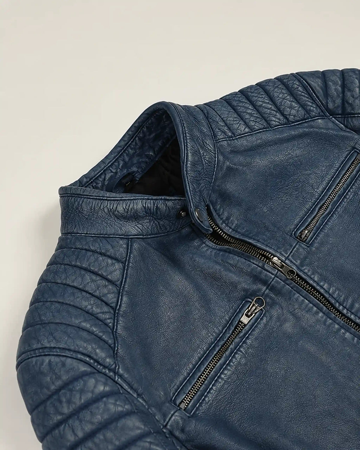 Luxury Men's Washed Blue Biker Leather Jacket with Zip Cuffs