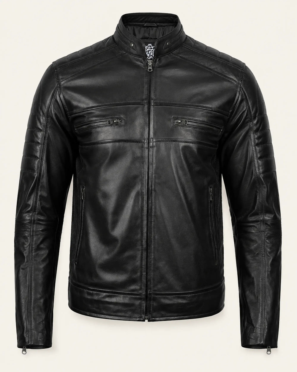 Modern Men's Black Real Leather Biker-Style Jacket with Stand-Up Collar