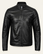 Modern Men's Black Real Leather Biker-Style Jacket with Stand-Up Collar