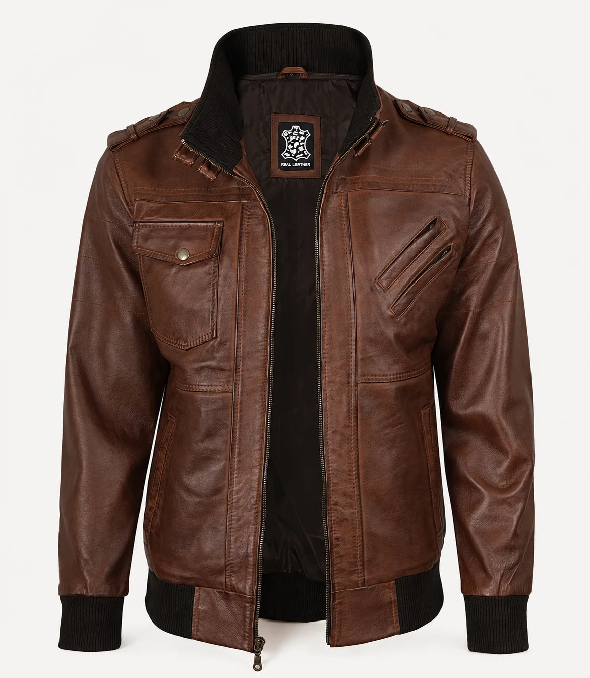 The Royal Men’s Cognac Real Lambskin Leather Bomber Jacket with Removable Hood
