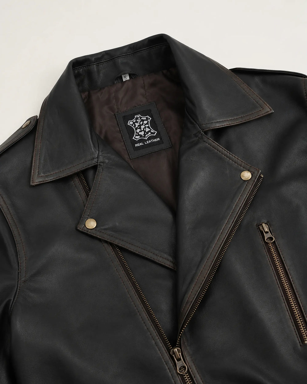 Classic Men's Distressed Dark Brown Leather Biker Jacket with Belt