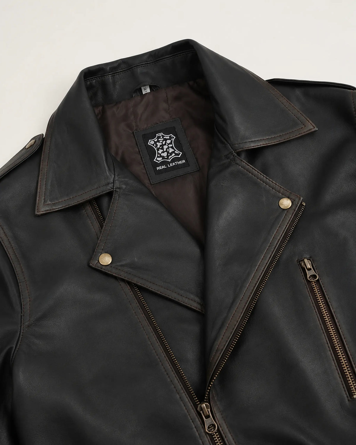 Classic Men's Distressed Dark Brown Leather Biker Jacket with Belt