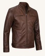 Heritage Men's Cognac Waxed Biker-Style Leather Jacket