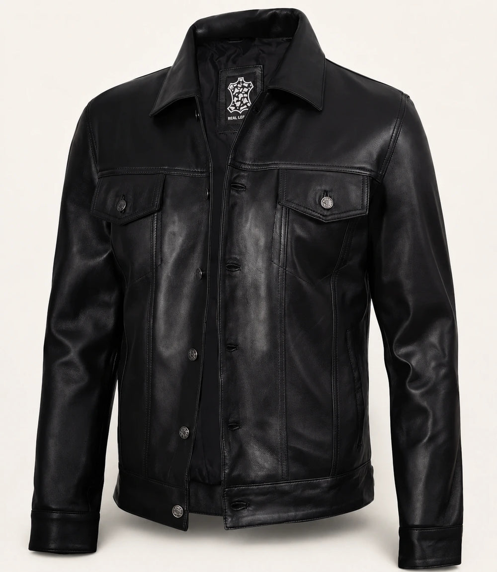 Men’s Black Leather Trucker Jacket with Shirt Collar