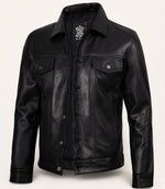 Men’s Black Leather Trucker Jacket with Shirt Collar
