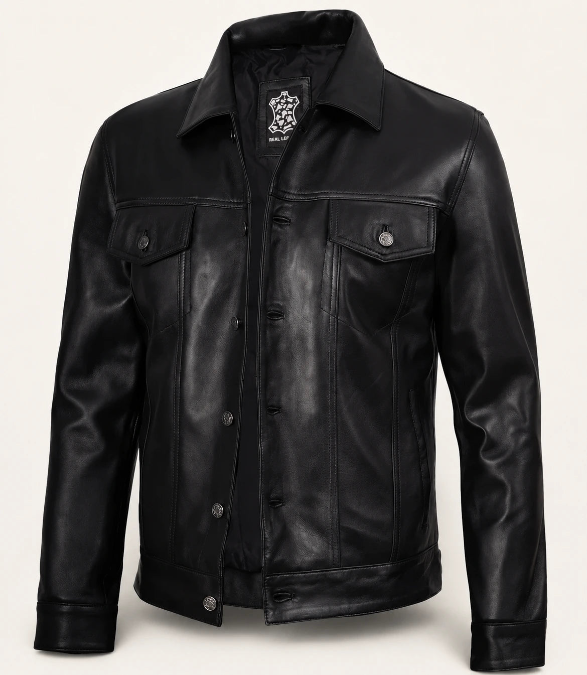 Men’s Black Leather Trucker Jacket with Shirt Collar
