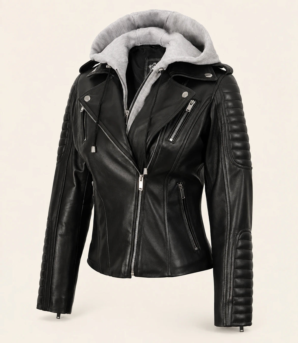 Women's Black Biker Real Leather Jacket — Removable Hood