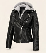 Women's Black Biker Real Leather Jacket — Removable Hood