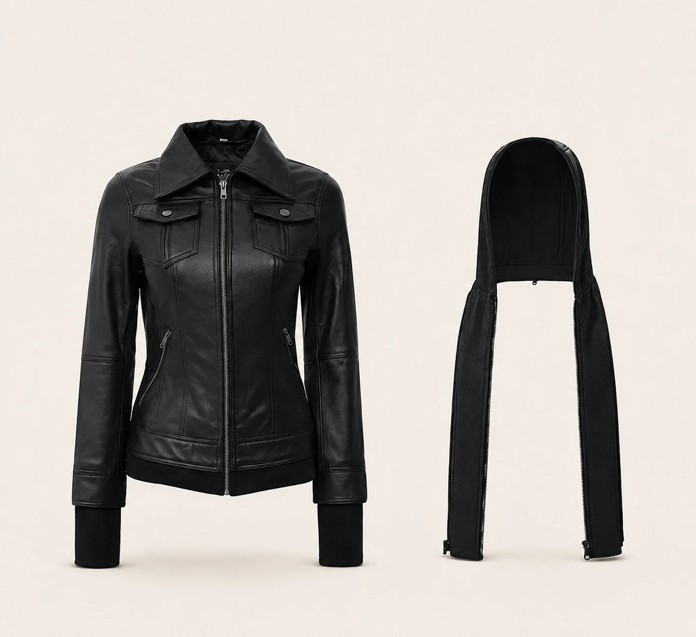 Women's Black Hooded Leather Jacket — Removable Hood