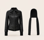 Women's Black Hooded Leather Jacket — Removable Hood