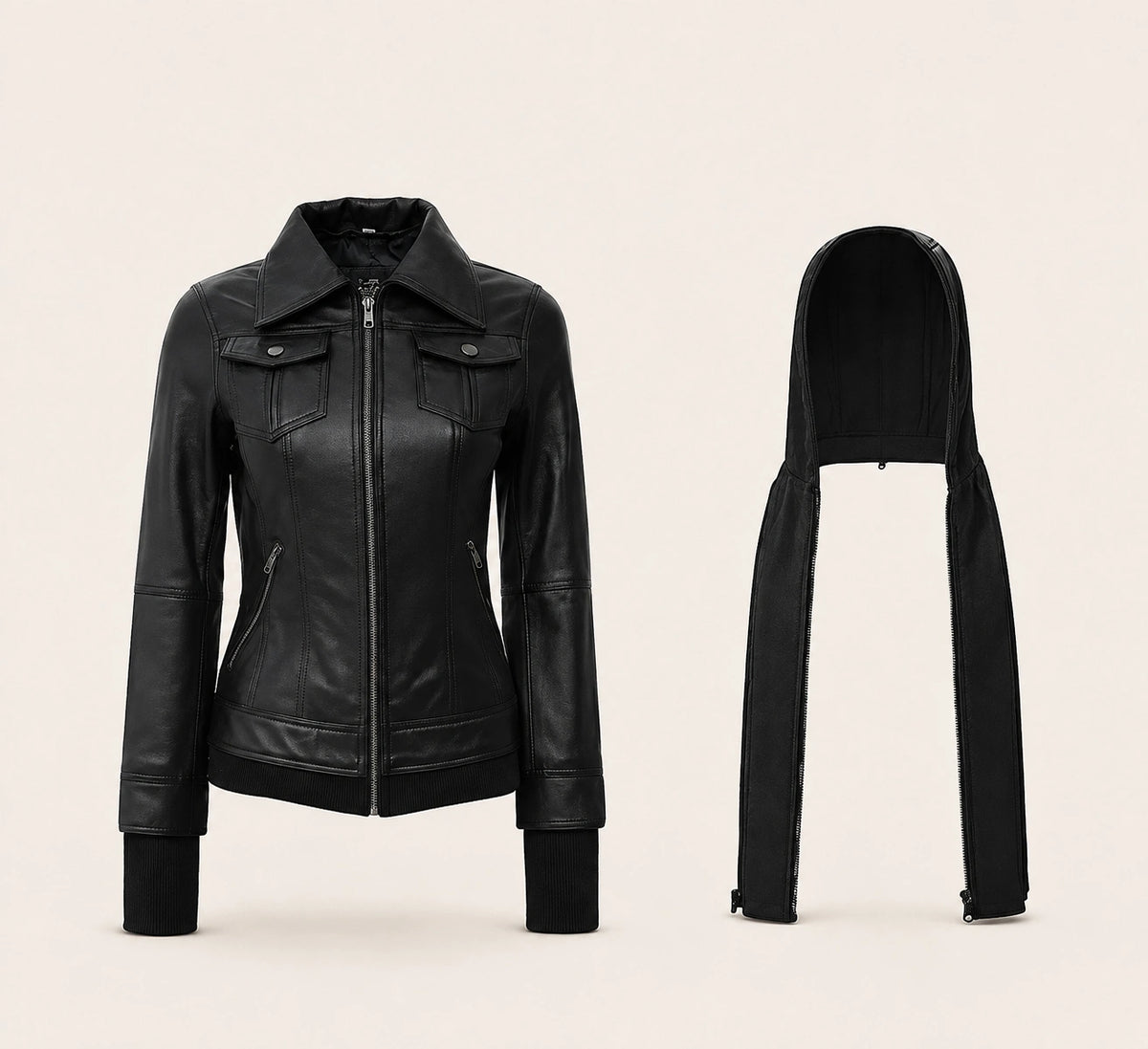 Women's Black Hooded Leather Jacket — Removable Hood
