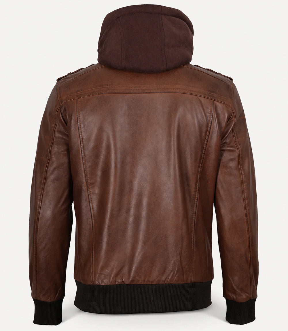 The Royal Men’s Cognac Real Lambskin Leather Bomber Jacket with Removable Hood