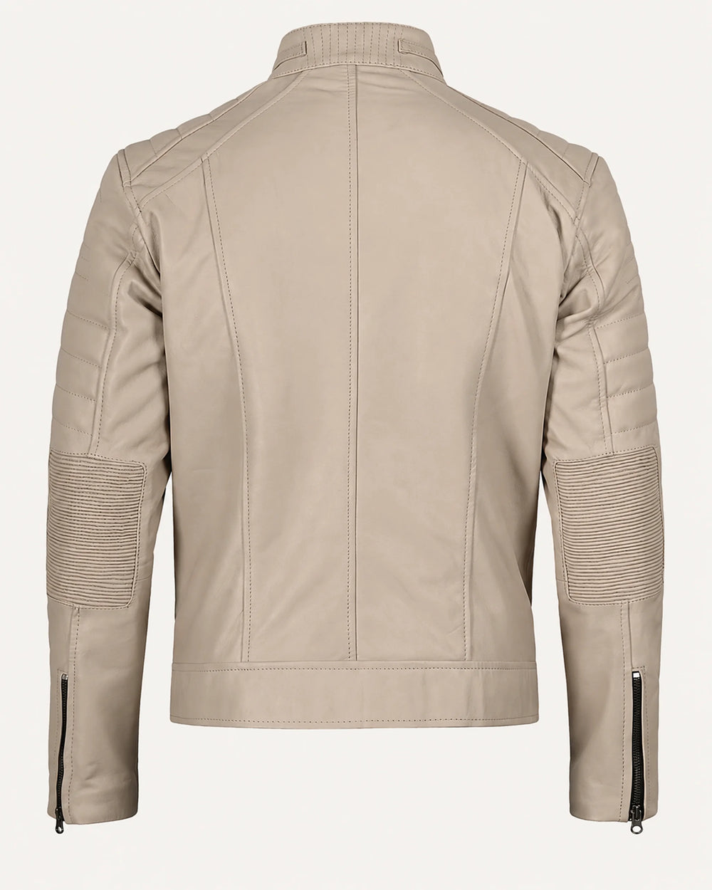 Luxury Men’s Beige Leather Biker Jacket with Mandarin Collar