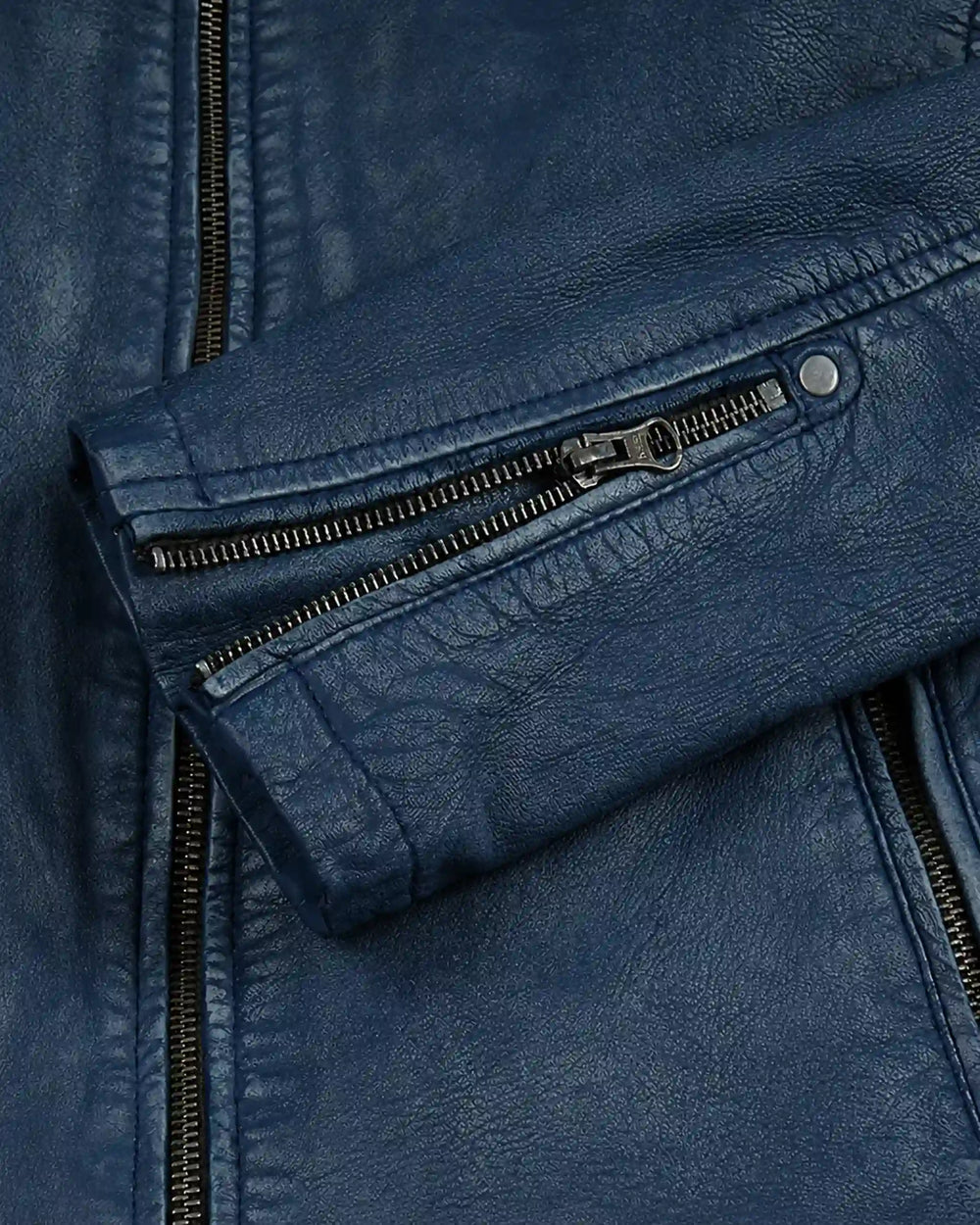 Luxury Men's Washed Blue Biker Leather Jacket with Zip Cuffs