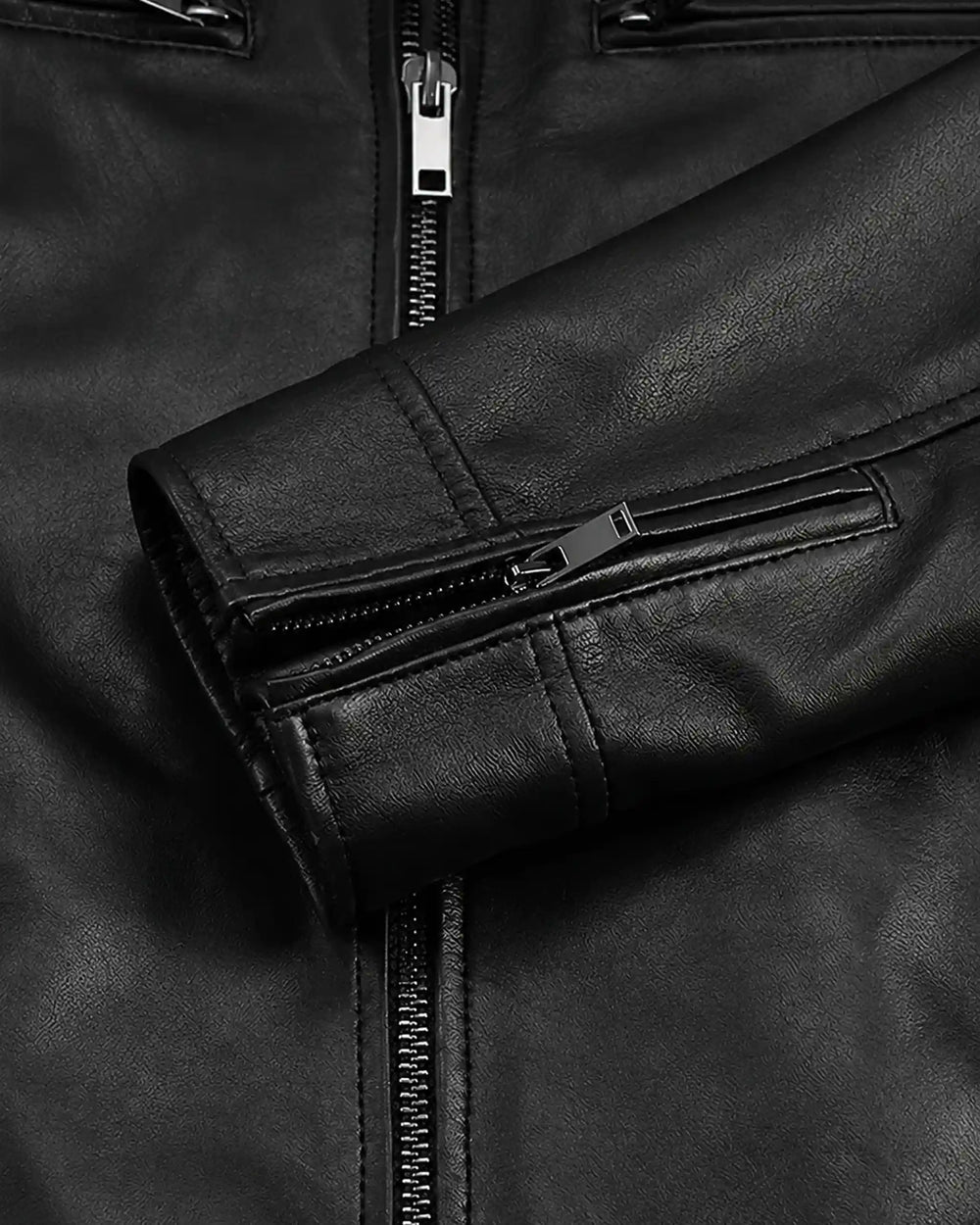 Modern Men's Black Biker Style Leather Jacket with Mandarin Collar