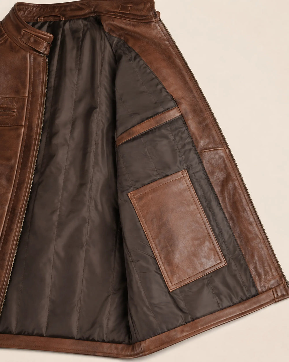 Refined Men's Cognac Café Racer Leather Jacket with Quilted Shoulders
