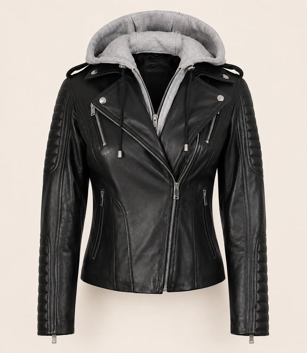 Women's Black Biker Real Leather Jacket — Removable Hood
