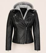 Women's Black Biker Real Leather Jacket — Removable Hood