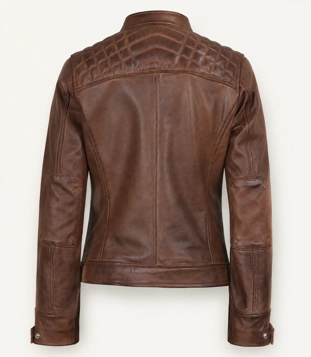 The Royal Women’s Cognac Lambskin Leather Biker Jacket with Quilted Shoulders