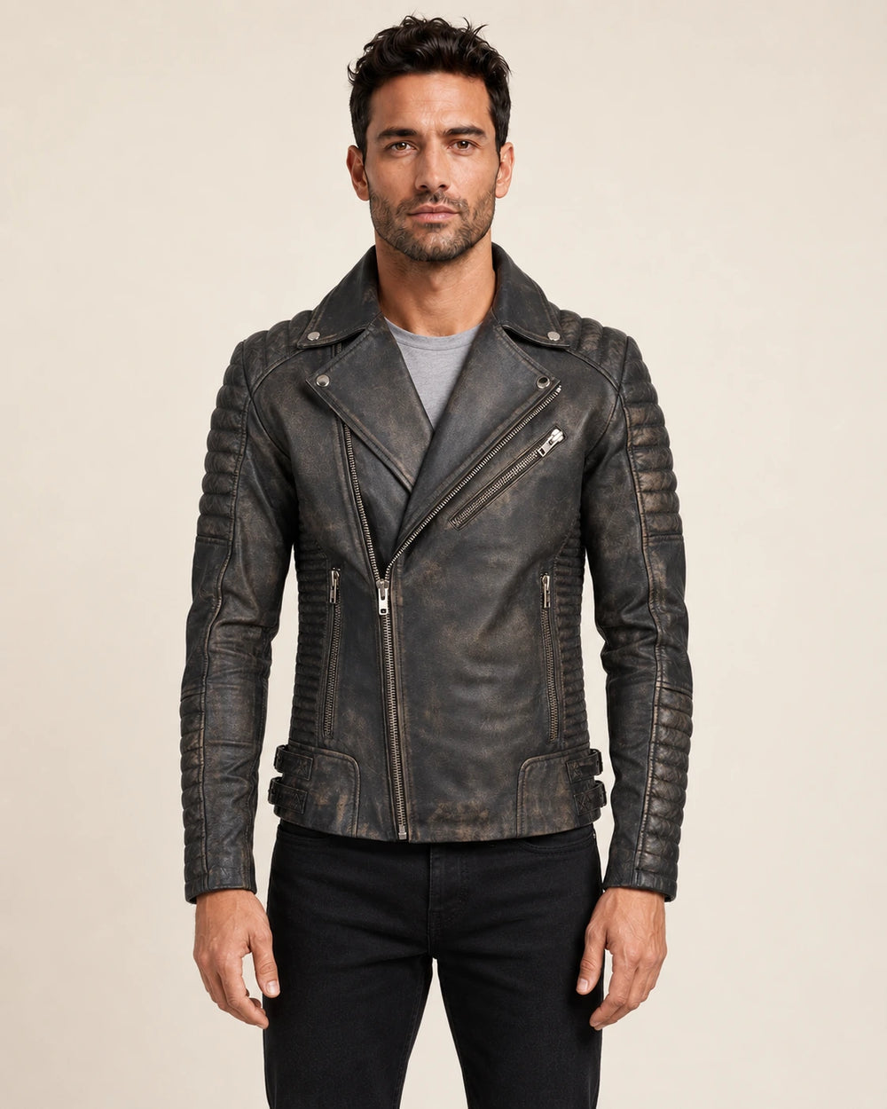 Men’s Distressed Brown Leather Biker Jacket