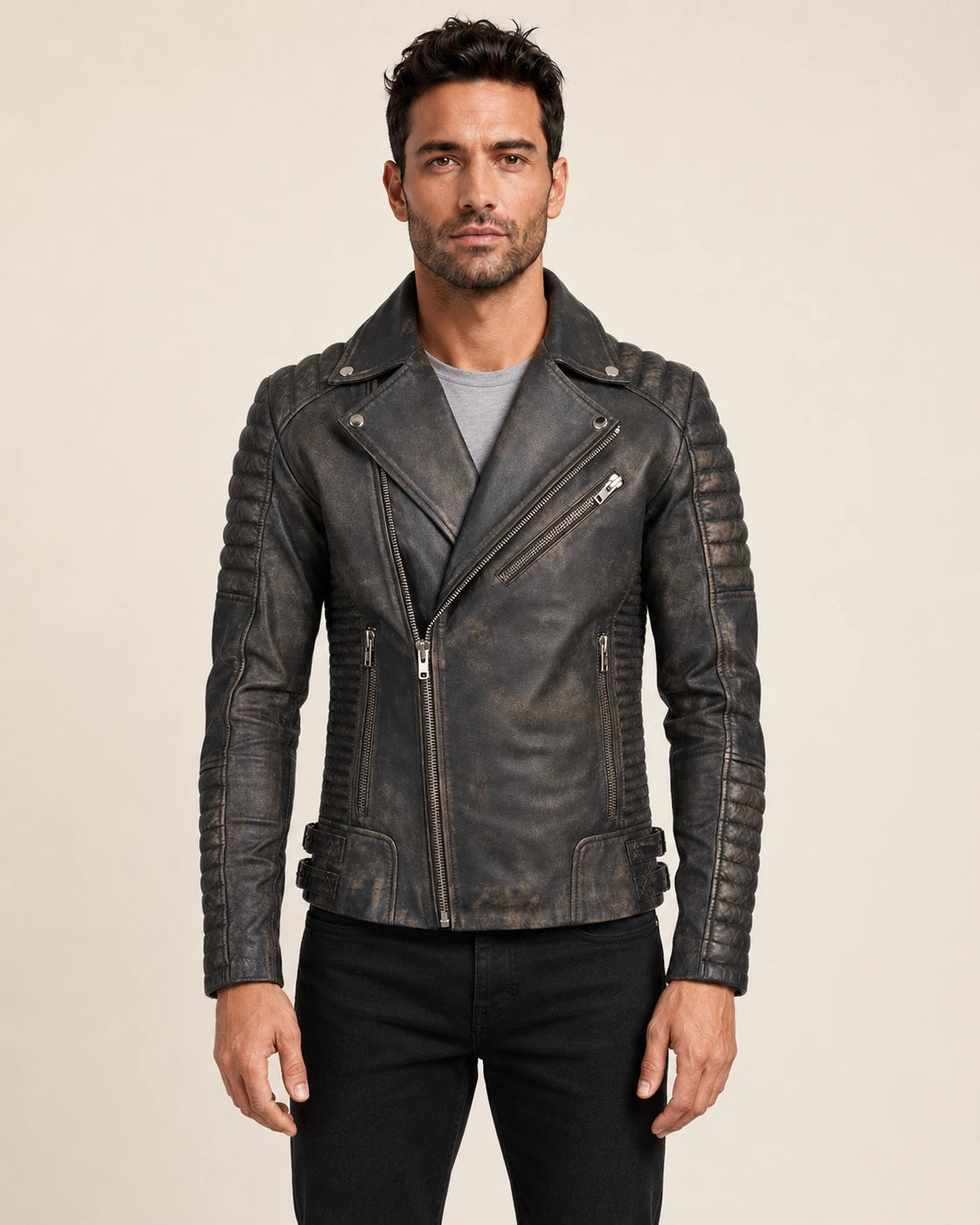 Men’s Distressed Brown Leather Biker Jacket