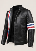 Men’s Black Leather Jacket with USA Flag Stripes