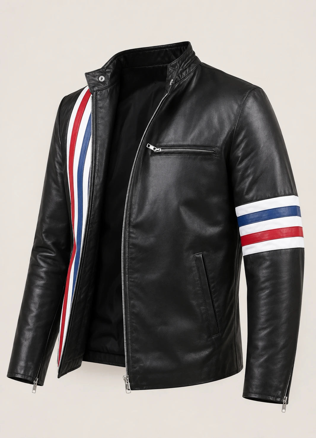 Men’s Black Leather Jacket with USA Flag Stripes