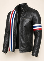 Men’s Black Leather Jacket with USA Flag Stripes