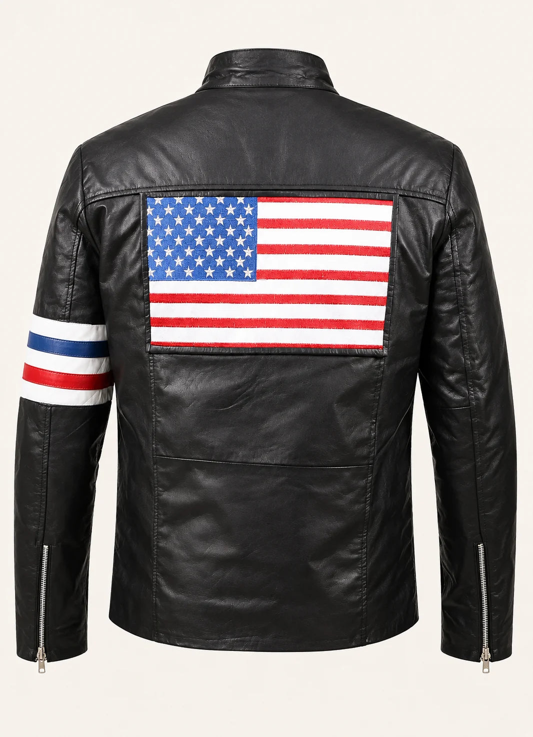 Men’s Black Leather Jacket with USA Flag Stripes